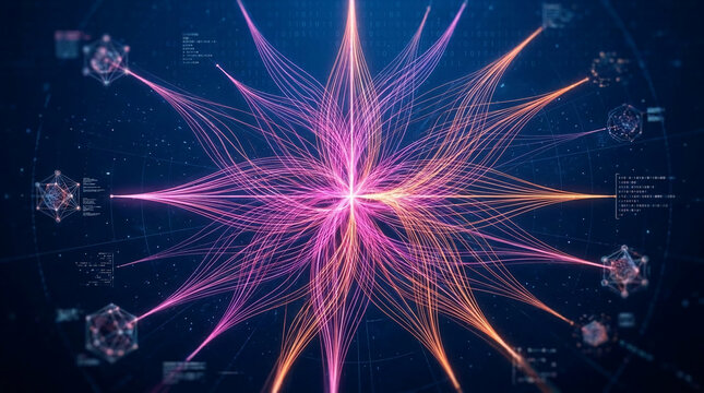 Abstract network of glowing pink and orange lines against a dark blue digital background with binary code, symbolizing connection, data, and technology.