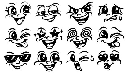 Fototapeta premium Calligraphic Cartoon Face Expression Set, Bold Black Funny Character Artwork
