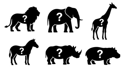 Fototapeta premium Silhouettes of six safari animals with question marks inside, lion, elephant, giraffe, zebra, rhinoceros, hippopotamus, game park icons