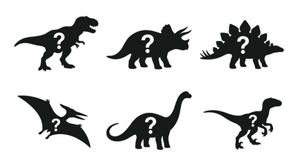 Obraz premium collection of silhouette dinosaurs with question marks inside, prehistoric creatures, ancient animal outlines, paleontological icons
