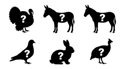 Fototapeta premium Set of six animal silhouettes with question marks, including a turkey, donkey, pigeon, and rabbit, isolated on a white background, representing