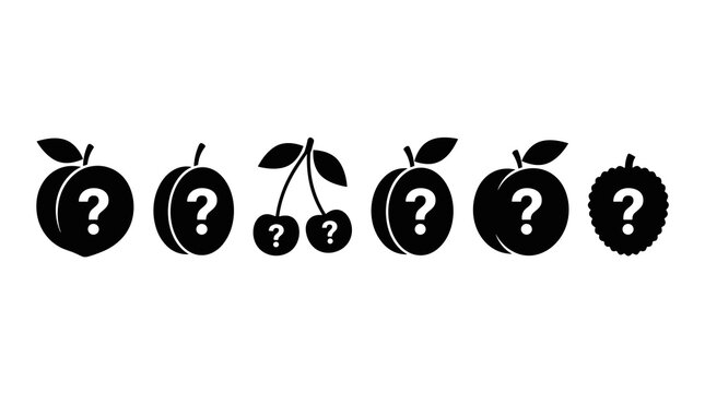 Set of stylized black fruit icons with question marks inside, representing mystery or unknown choices, simple flat design elements