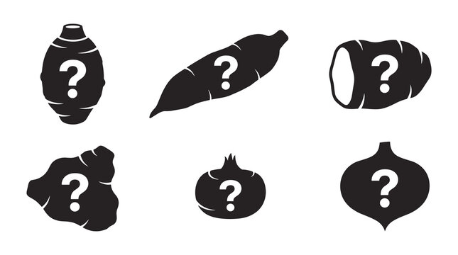 Six different root vegetable silhouettes with question marks inside, representing uncertainty or guessing game, isolated on white