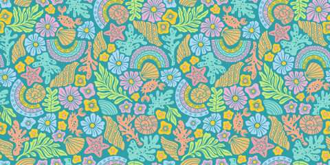 Hand drawn pastel seamless marine pattern with shells, corals, flowers, crabs and stars on turquoise, playful ocean themed boho background with soft pink, blue, green and yellow decorative elements © Nataliia