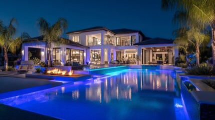 Fototapeta premium A luxurious modern house with a large swimming pool and outdoor living space at night