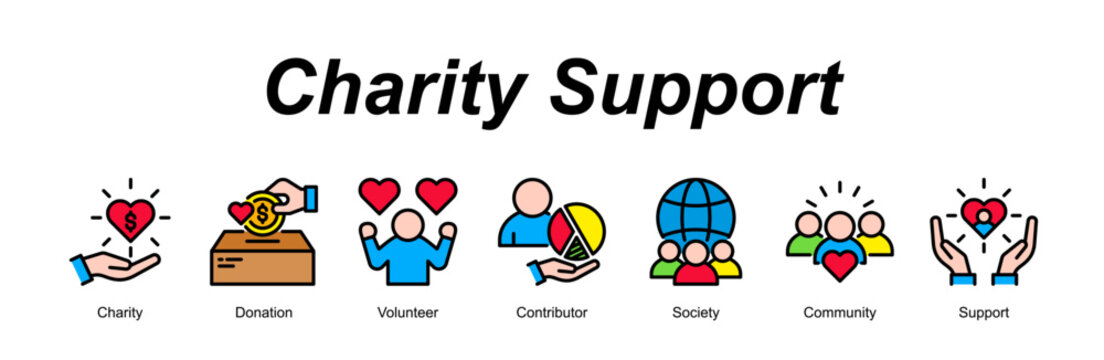 Charity Support web banner icon concept for with icon of Charity, Donation, Volunteer, Contributor, Society, Community, Support.