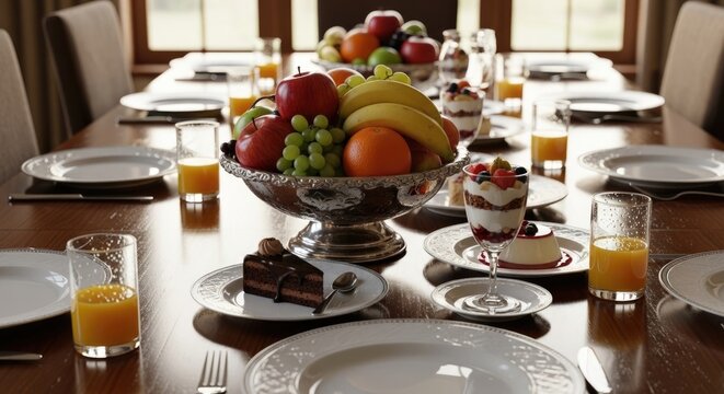 breakfast table setting with fruit bowl and dessert