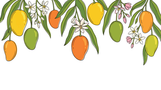 Flat vector header banner template with tropical mango fruits and leaves