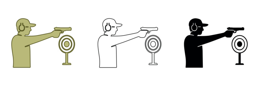 Man practicing shooting at a target with a handgun, wearing ear protection