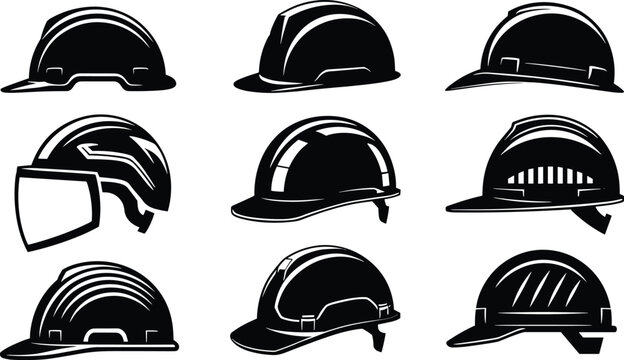 Construction hard hat and safety helmet black silhouette vector icons collection set