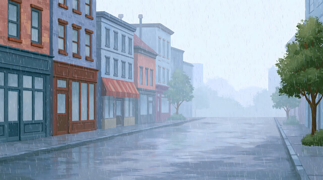 Explore a Serene Rainy Day in a Charming Urban Landscape with Reflective Streets and Characterful Storefronts Embracing the Gloomy Atmosphere