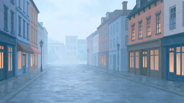 Captivating Rainy City Street Scene: An Atmospheric Exploration of Vintage Architecture and Evocative Landscapes in a Tranquil Urban Setting