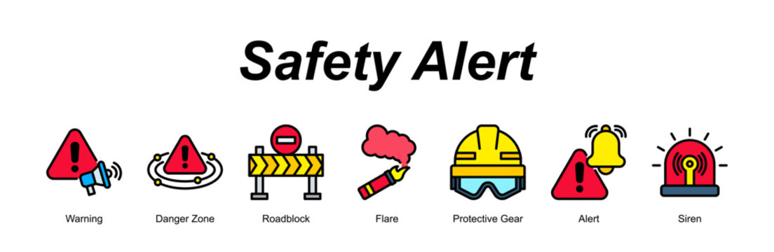 Safety Alert web banner icon concept for with icon of Warning, Danger Zone, Roadblock, Flare, Protective Gear, Alert, Siren.