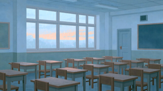 A Tranquil Classroom Scene: Capturing the Serene Atmosphere of Learning Amidst Rainy Weather and a Glowing Sunset