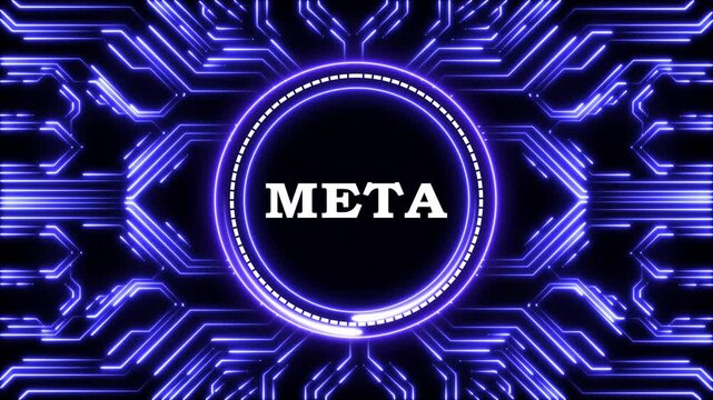 Purple neon circuit board background with meta text in glowing digital frame.
