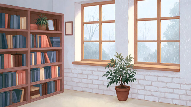 A Tranquil Reading Nook: Embrace Comfort and Inspiration in a Cozy, Sunlit Library with Shelves of Books and a Verdant Plant by the Window During a Gentle Rainy Day.