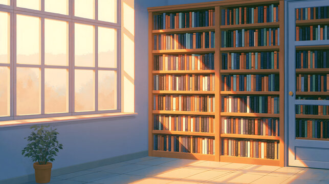 A Cozy Sunlit Library Nook: Perfect Space for Reading and Relaxation with Shelves of Books and a Touch of Nature
