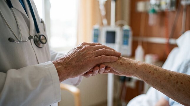 doctor patient consoling check-up health scene with doctor holding elderly patient's hand in hospital room, emphasizing care and support in medicine and cancer treatmen