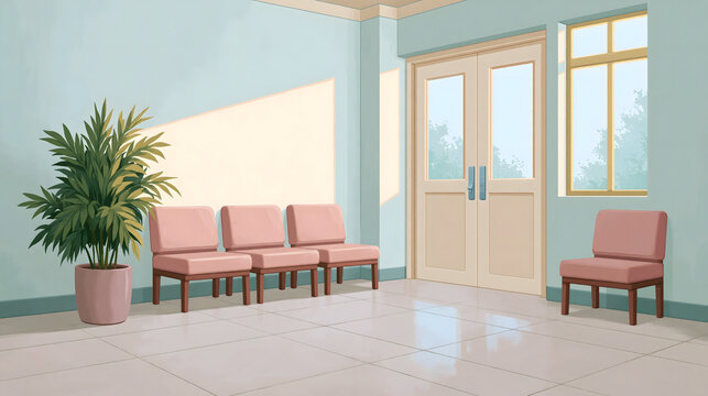 A Serene Waiting Room Interior Design Featuring Pink Chairs and Lush Greenery for a Warm and Inviting Atmosphere