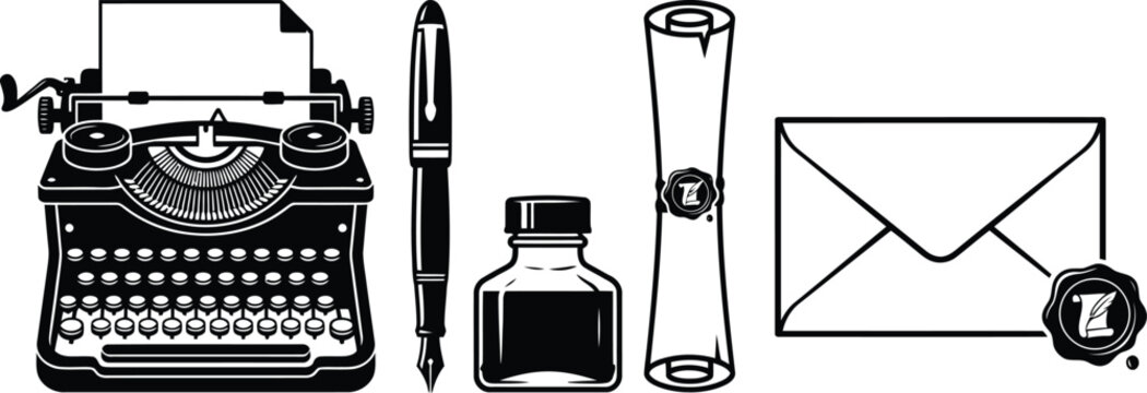 Vintage writing tools collection with typewriter pen inkwell and letter black silhouette