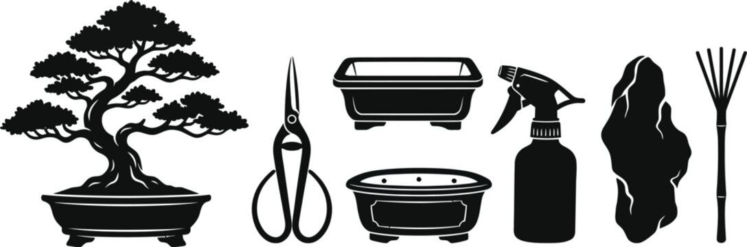 Bonsai tree gardening tools and rock garden elements black silhouette collection