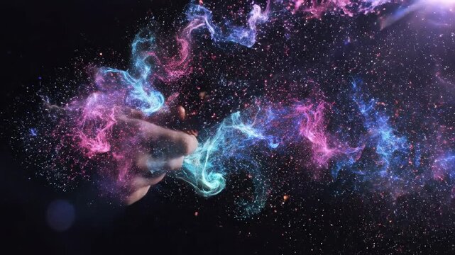 Hand casting magic spell with colorful energy particles