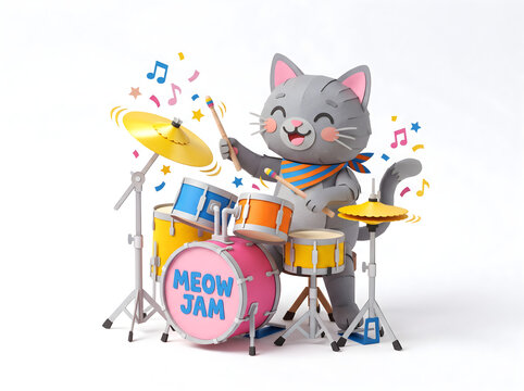 Cute cat playing drums titled meow jam with musician, percussion