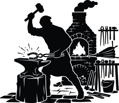 Black and white vector illustration of a powerful blacksmith forging a glowing horseshoe on an anvil inside his traditional workshop