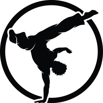 Dynamic vector illustration of a male martial artist performing a powerful capoeira kick inside a clean black circular graphic border