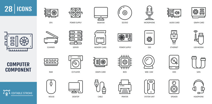 Computer component icon set. including monitor, server, cpu, hard drive, RAM, webcam, and more. outline icon set. vector illustration with editable stroke