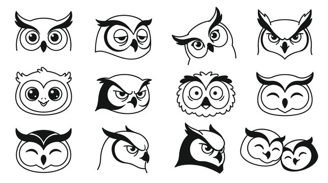 Collection of stylized owl faces in outline and solid black vector art, diverse expressions, icons for digital use, adorable to serious