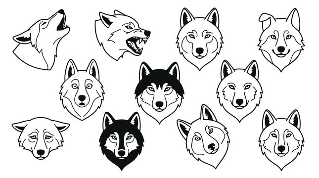 Collection of stylized wolf head illustrations, howling and snarling expressions, various line art and solid fill designs, ideal for tattoo or