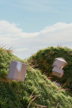 3D sunlit parcel closeup with cardboard boxes on grass