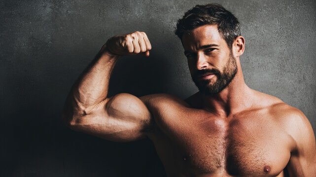 A muscular man flexing his arm in a dark room with a confident expression on his face
