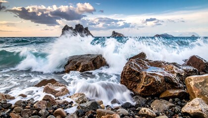 Fototapeta premium Powerful Ocean Waves Crashing Over Rocky Shore at Coastal Sunset