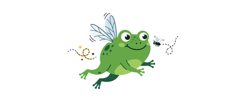 Cute cartoon frog with fairy wings flying towards a fly