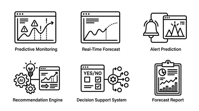 Predictive Analytics and AI Data Monitoring Line Icon Set