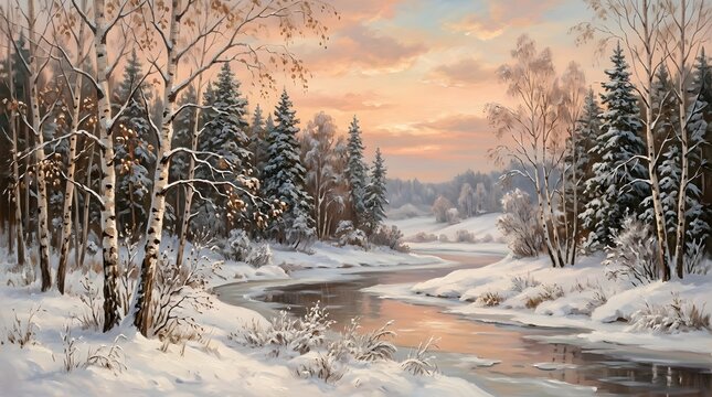 Serene winter landscape with snowy river and trees at sunset