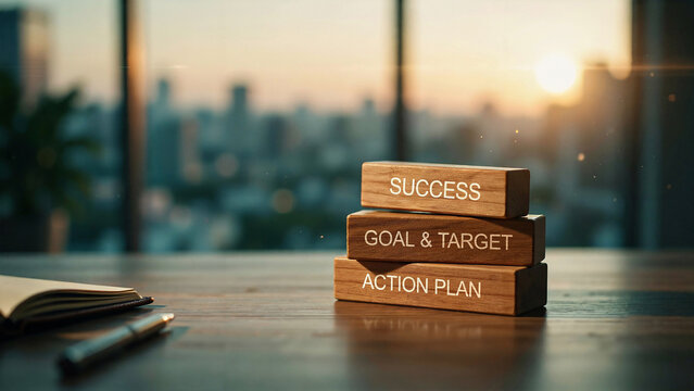 Wooden Blocks Representing Strategic Business Growth and Career Achievement Stages