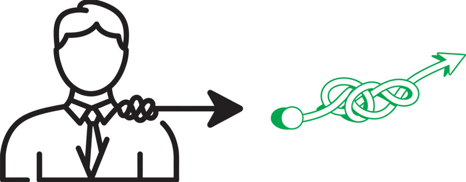 Businessman line icon with knotted arrow and green tangled arrow vector for complexity management and strategic problem solving