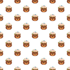 Fototapeta premium Repeating illustration of cartoon bear heads wearing delicate floral crowns on a white background