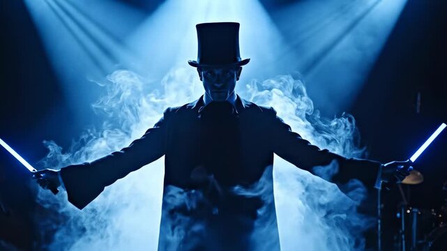 Mysterious performer in top hat with glowing blue sticks