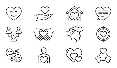 Fototapeta premium Charity and care vector icons set isolated on white background flat love connection illustration donation family relationship non profit line design
