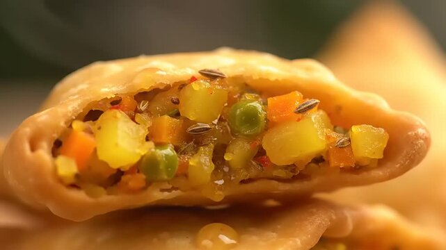 Cinematic close-up of a crispy fried samosa cut in half, revealing a savory spiced potato and pea vegetable filling
