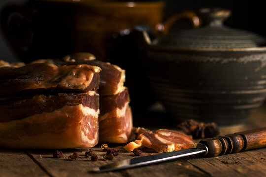 Closeup of cut preserved meat homemade in Asian countries traditionally prepared for lunar new year festival. It is one of the popular winter cuisine