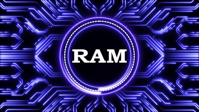 Abstract ram text revealed inside a glowing circular frame on circuit board background.