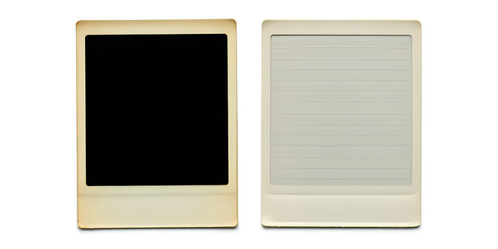 Vintage blank polaroid photo frame and lined paper frame isolated on clean white surface.