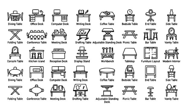 Table Vector Icon Pack with Modern Furniture Desk and Interior Outline Symbols
