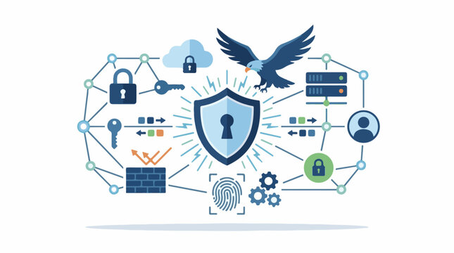 A computer-generated graphic depicting various symbols related to digital security including a shield locks keys a f