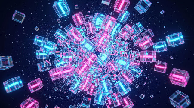 Colorful cubes scatter in a dynamic pattern, creating a visual display of motion and light in a dark background scene